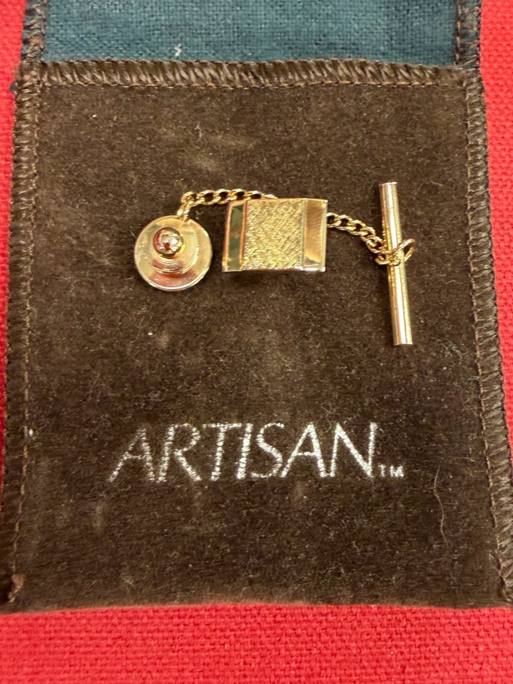 Artisan Vintage Brushed with Shiny Rectangular Goldtone Tie Tac with Chain